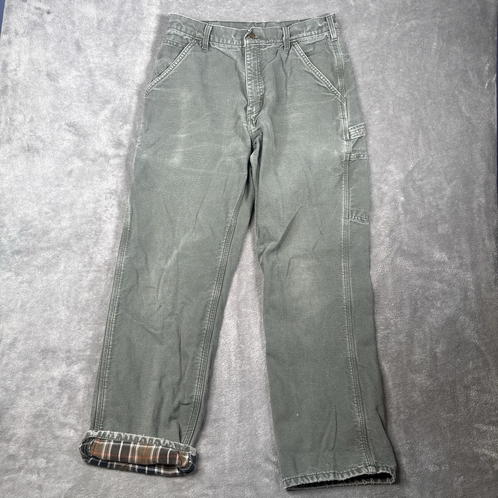 Carhartt Pants Mens 33x30 Green Flannel Lined Relaxed Fit Carpenter B111 MOS